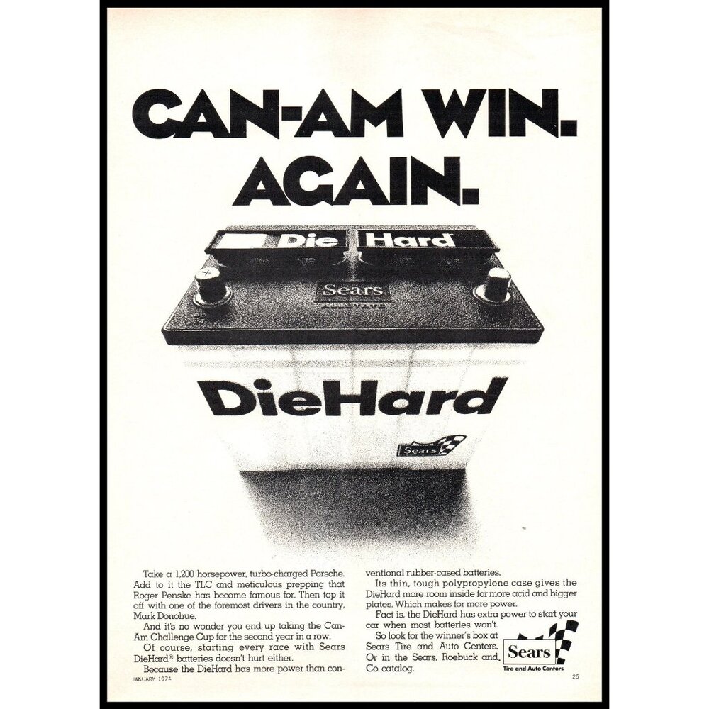 1974 Sears Die Hard Car Battery Vintage Print Ad Can-Am Race Series Win Wall Art